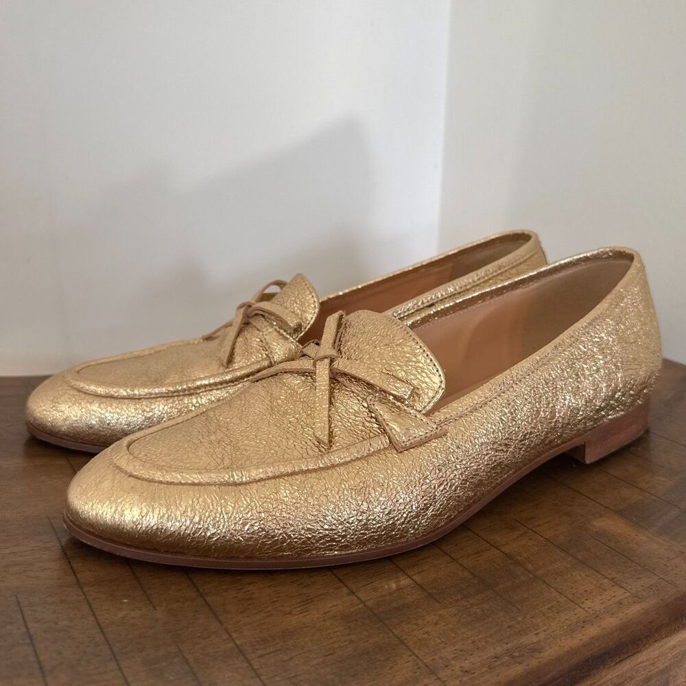 J.Crew Gold Metallic Leather Loafers Womens 8.5 Preppy Quiet Luxury Flats
